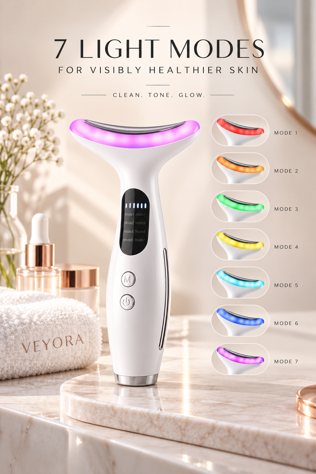 Veyora Facial Device displaying seven customizable light settings
