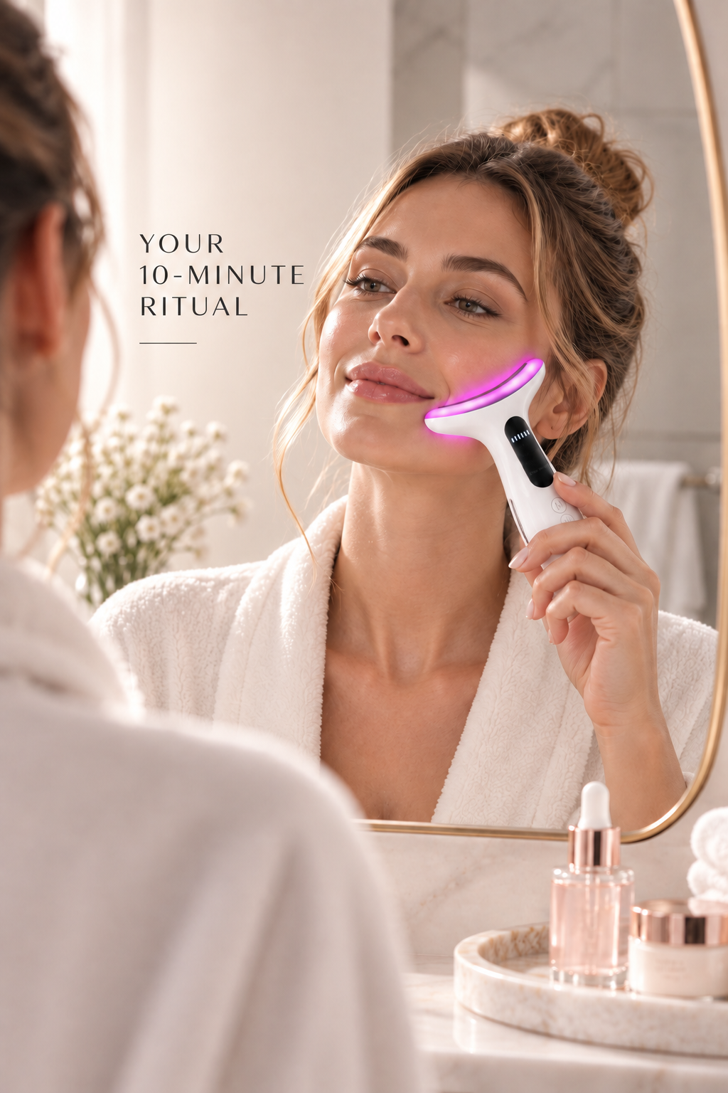 Woman enjoying a ten-minute Veyora beauty ritual at her mirror