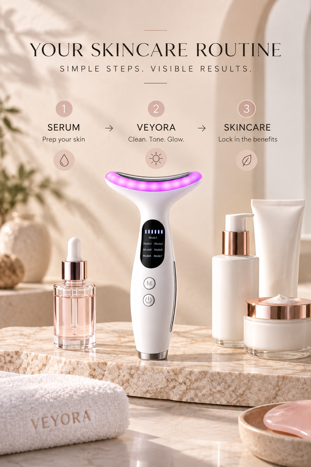 Veyora Facial Device arranged with an everyday skincare routine