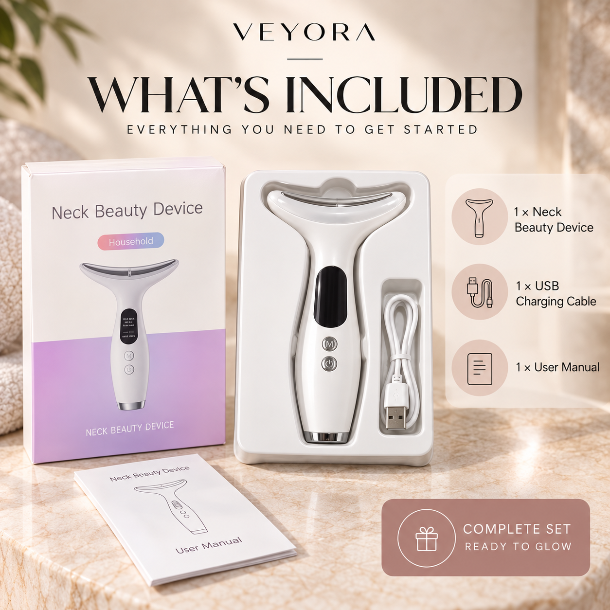 Veyora set with facial device, charging cable, user manual and packaging